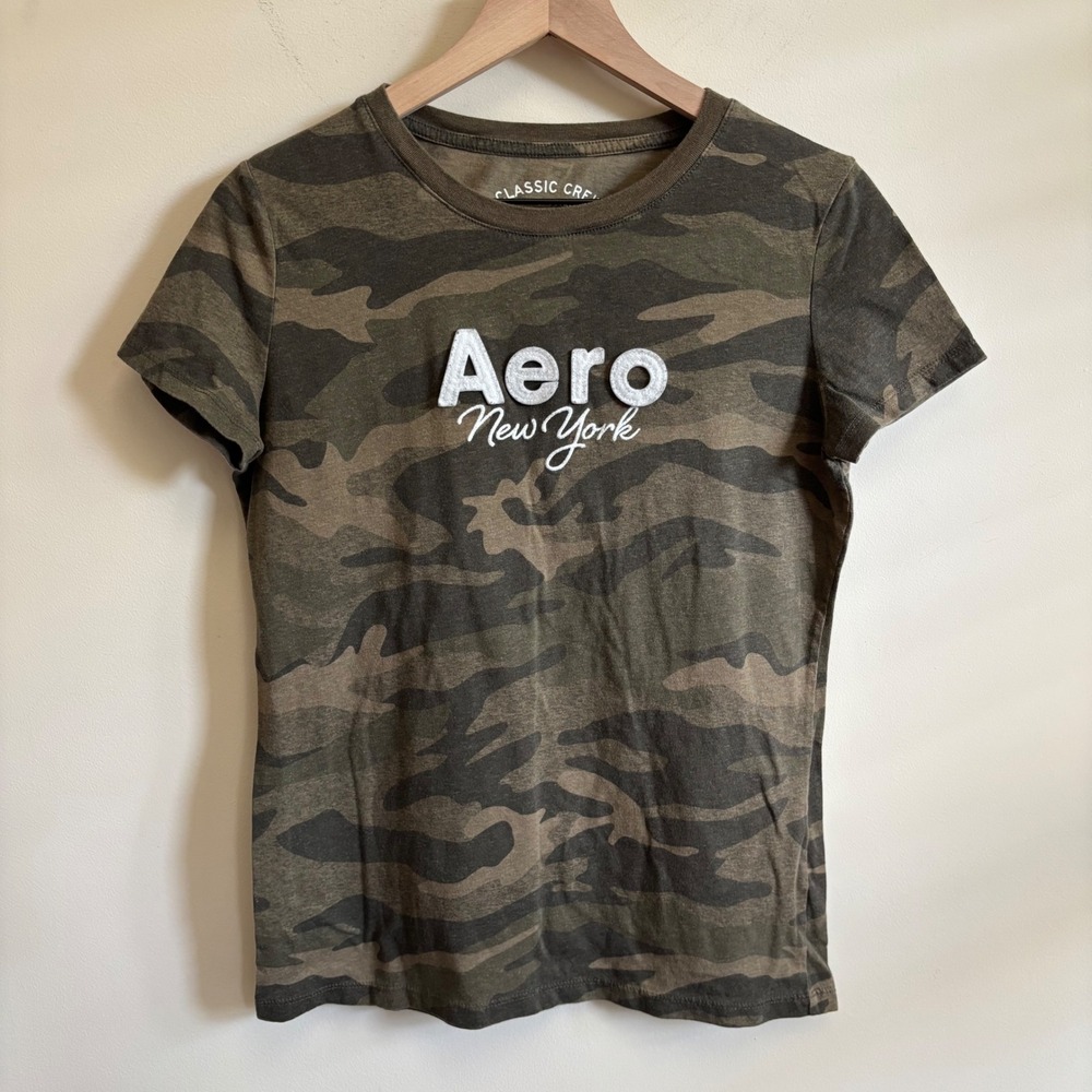Aeropostale Womens Camo T-Shirt Aero New York Graphic Tee Green Brown Large